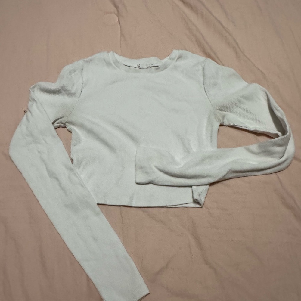Garage White Ribbed Cropped Long Sleeve Top